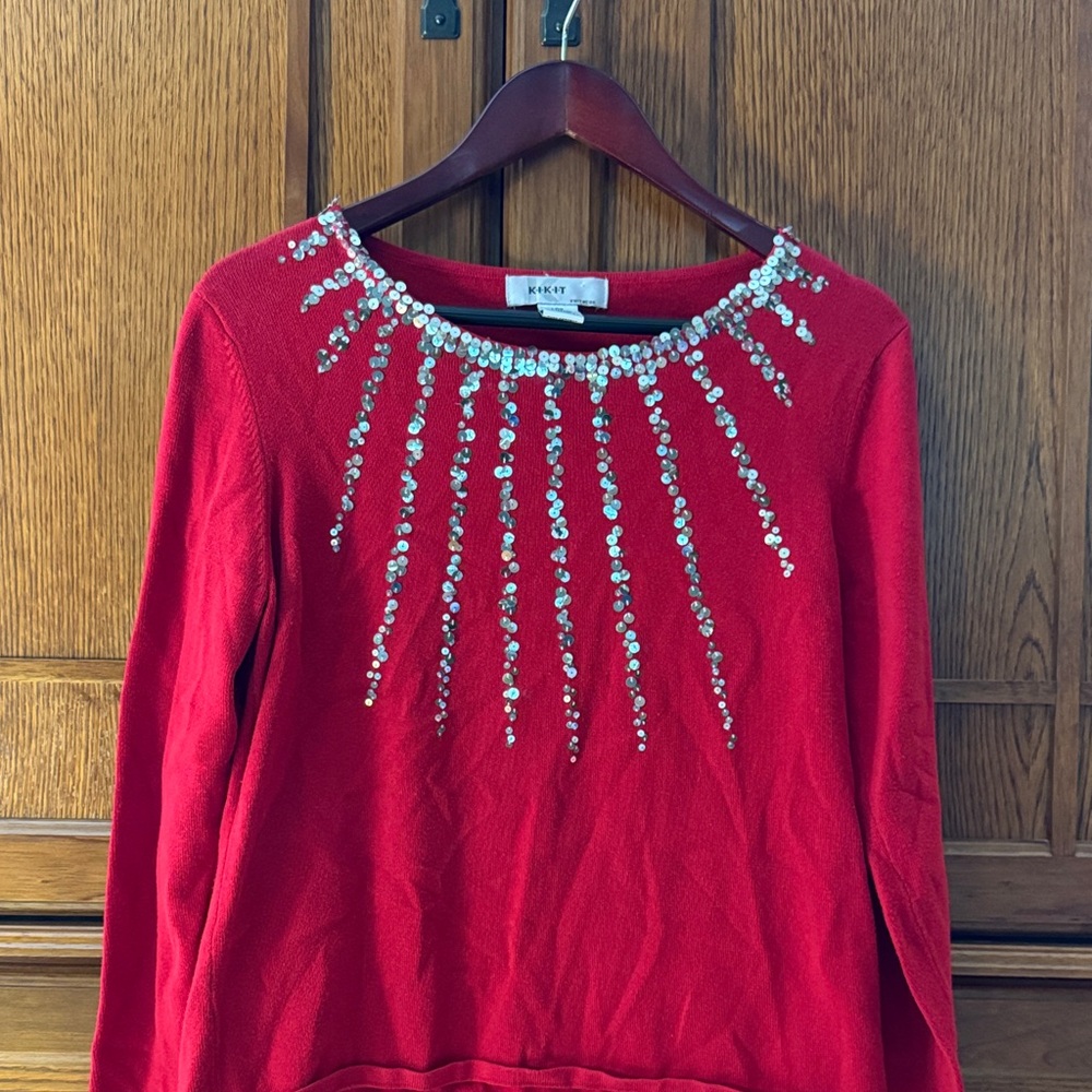 VTG KIKIT Boat Neck Pullover Knit Sweater Sequin Vintage 90s Y2K Holiday McBling